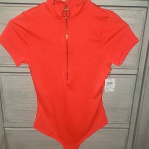One piece Windsor Bodysuit/Neon orange with gold neck zipper
